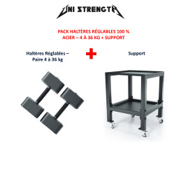 Pack Haltères Réglables 100 % Acier – 4 à 36 kg + Support