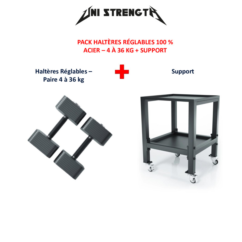 Pack Haltères Réglables 100 % Acier – 4 à 36 kg + Support