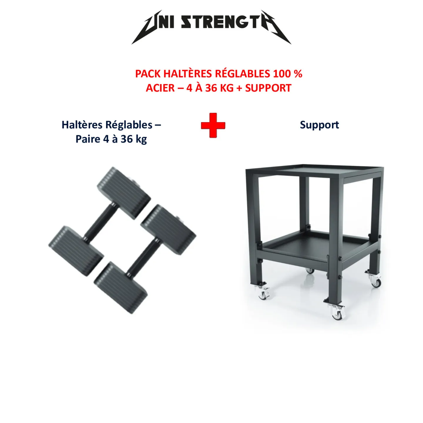 Pack Haltères Réglables 100 % Acier, 4 à 36 kg + Support