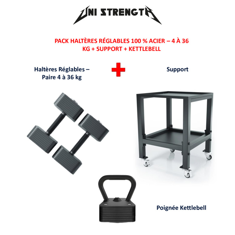 Adjustable Dumbbell Pack 100% Steel - 4 to 36 kg + Stand