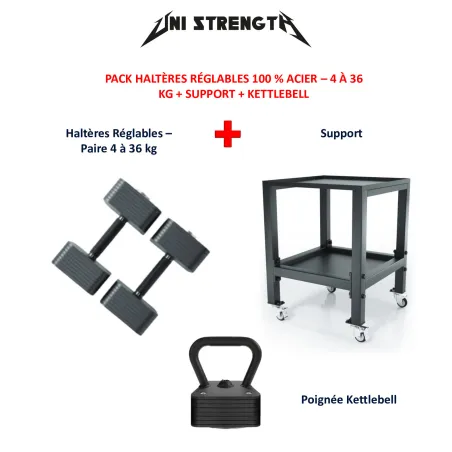 Pacco Manubri Regolabili 100% Acciaio, 4 a 36 kg + Supporto + Kettlebell