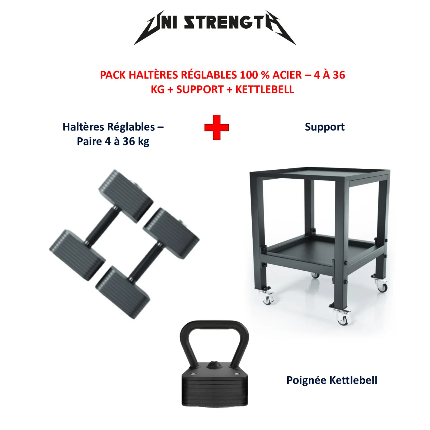 Pack Haltères Réglables 100 % Acier, 4 à 36 kg + Support + Kettlebell