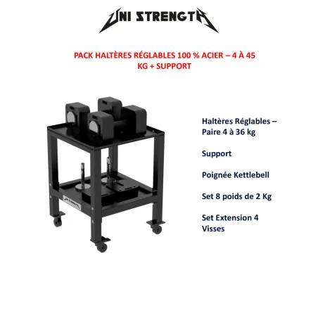 Pack Haltères Réglables 100 % Acier, 4 à 45 kg + Support