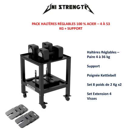 Set di manubri regolabili 100% acciaio, da 4 a 65 kg + supporto