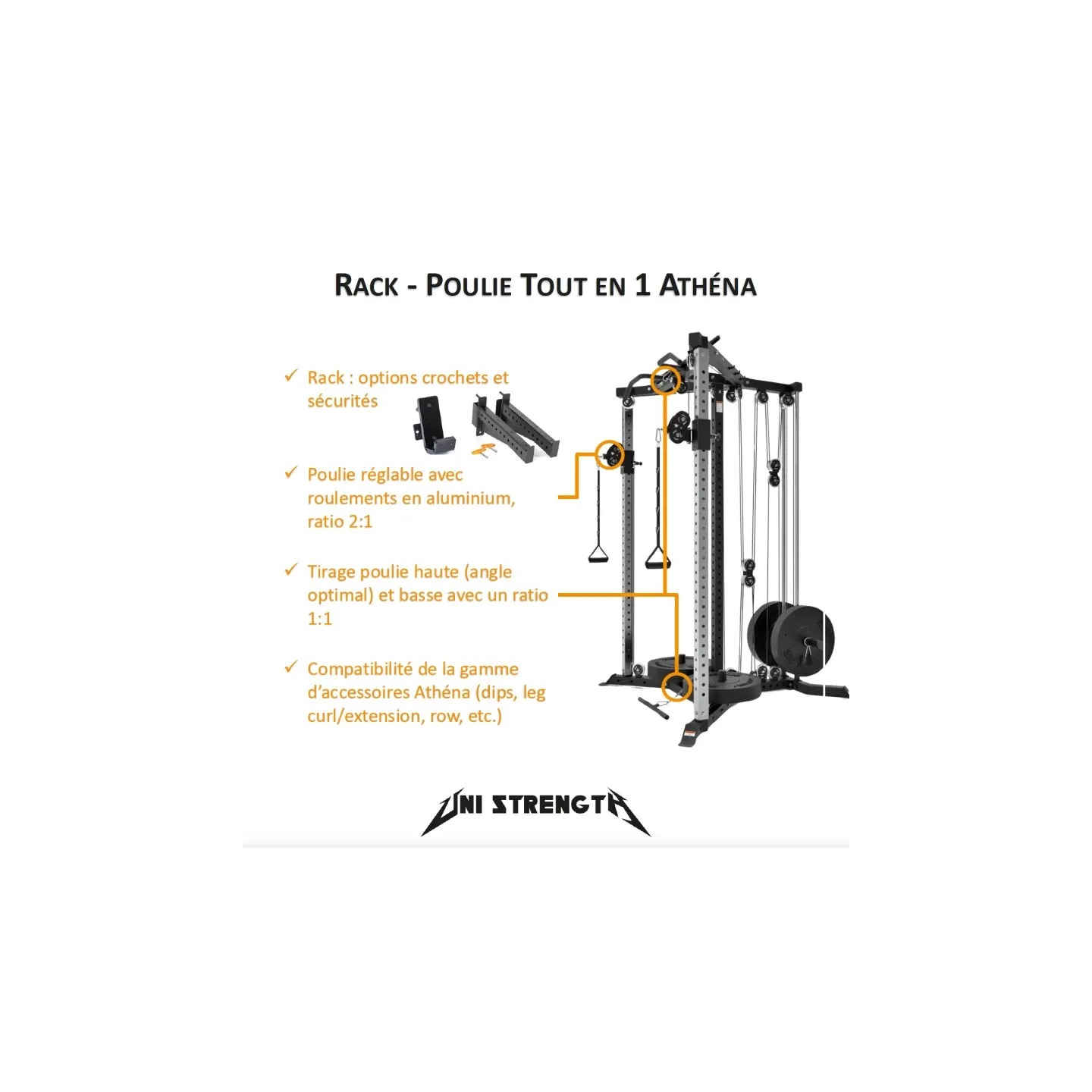 Athéna Pack: all-in-one plate-loaded pulley, J-hooks, safeties, dips, T-bar rowing support and leg holder - view 2