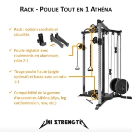 Pack Athéna: polea todo en 1 con pila de pesas, ganchos en J, barras de seguridad, Dips, soporte remo T-bar y soporte de piernas