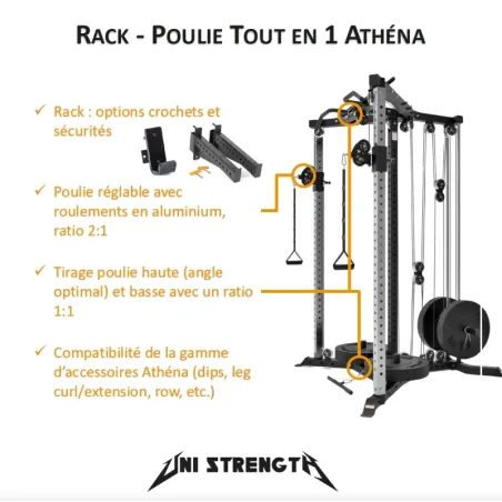 Pack Athéna: All-in-One-Kabelzug mit Gewichtsblock, J-Haken, Sicherungen, Dips, T-Bar-Ruderstütze und Beinhalter - Ansicht 2