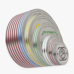 Set 257,5 kg discos calibrados cromados UF, todos los discos a escala
