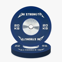 Uni Strength 20 kg blue competition bumper plate, front view