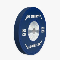 Uni Strength 20 kg blue competition bumper plate, 55° view