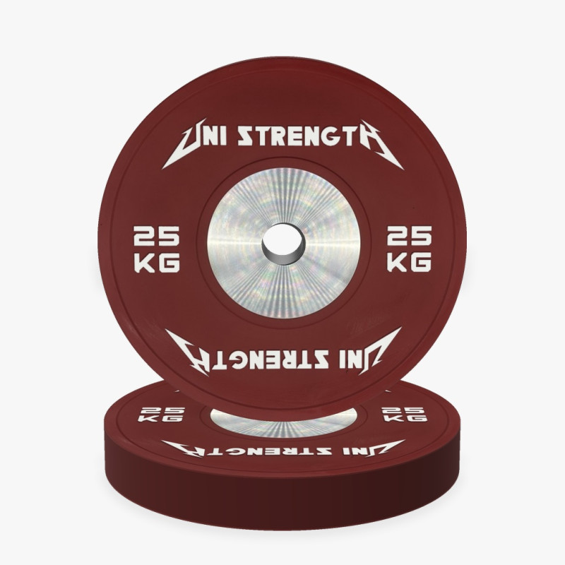 Uni Strength 25 kg red competition bumper plate, 55° view