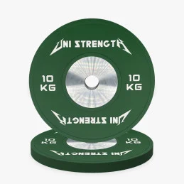 Bumper de competición 10 kg verde Uni Strength, vista a 55°