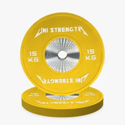 Bumper da competizione 15 kg giallo Uni Strength, vista a 55°