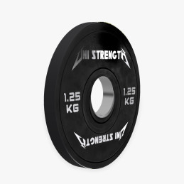Uni Strength 1.25 kg black precision olympic plate, 55° view