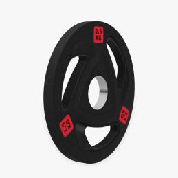 Olympische Tri-Grip-Gummischeibe 2,5 kg, Ansicht bei 55°