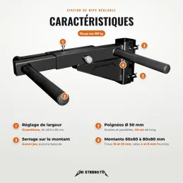 Station de dips réglable pour rack, 48,5 à 65 cm