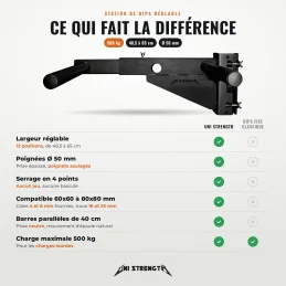 Station de dips réglable pour rack, 48,5 à 65 cm