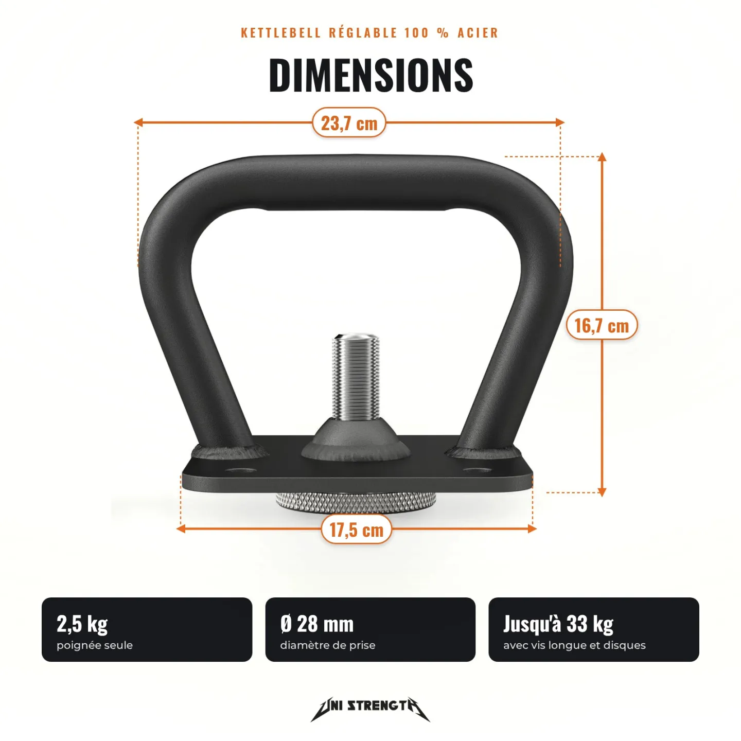 Poignée Kettlebell Réglable 100 % Acier, 2,5 à 33 kg, Compatible Haltères HR-36 - vue 4