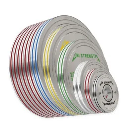 Set 257,5 kg discos calibrados cromados UF, todos los discos a escala