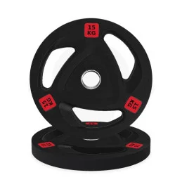 Disque olympique caoutchouc tri-grip 15 kg, vue de face