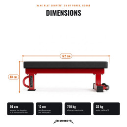 Banc plat UF Power rouge, dossier 30 cm, vue de trois-quarts