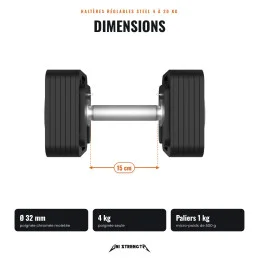 Haltères Réglables | Paire 4 à 20 kg | 100 % Acier | Réglage par paliers de 1 kg jusqu'à 65 kg