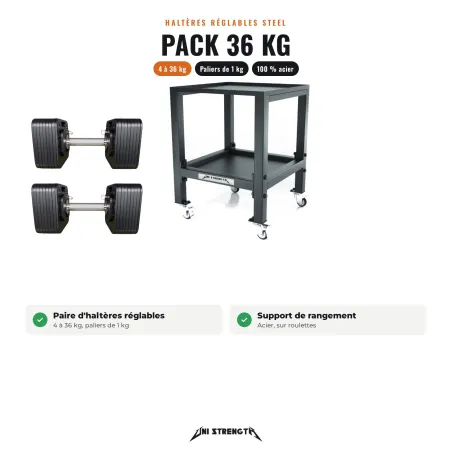 Pack manubri regolabili da 4 a 36 kg con supporto
