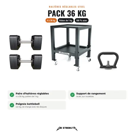 Pack Haltères Réglables 100 % Acier – HR-36P 4 à 36 kg + Support + Kettlebell