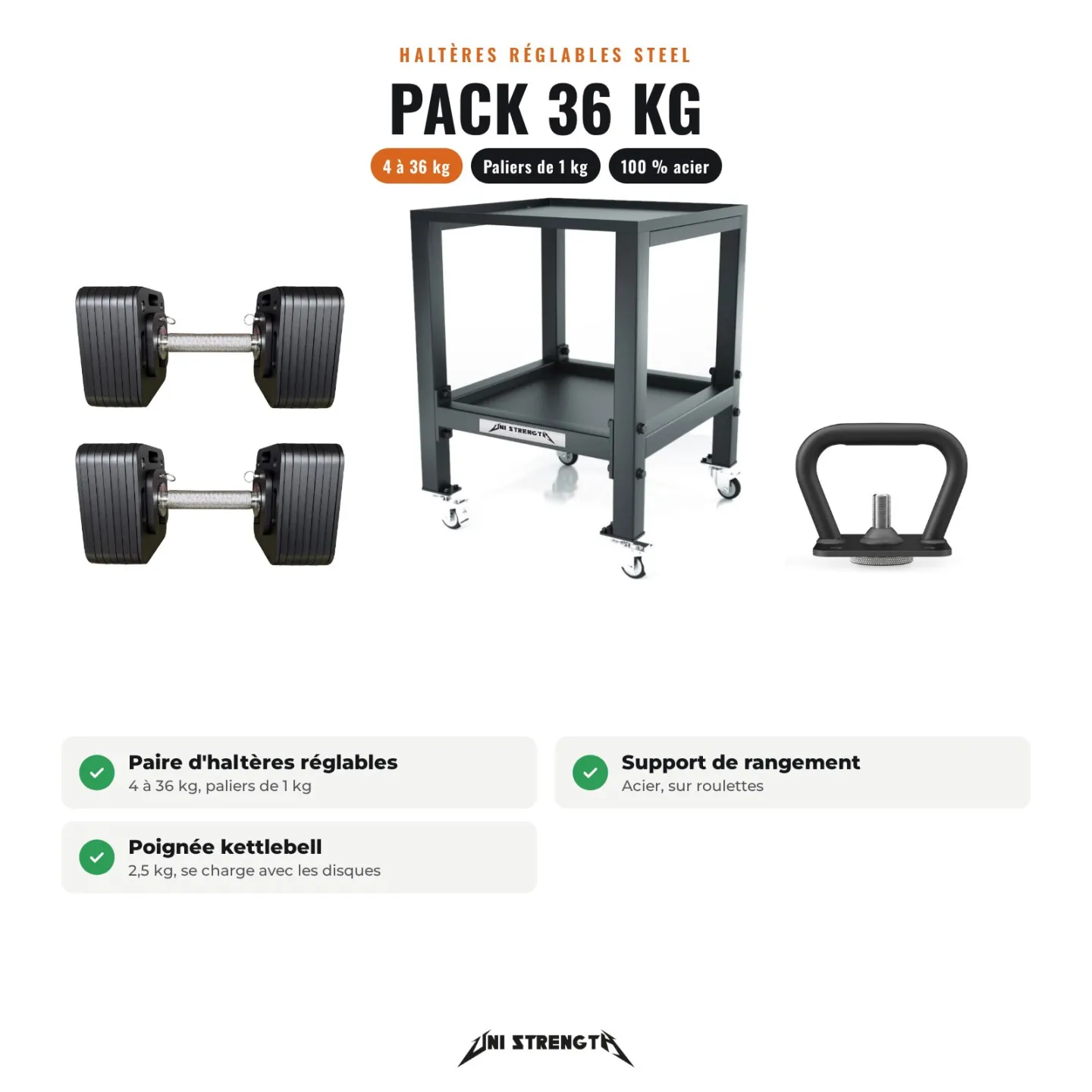 Pack Haltères Réglables 100 % Acier – HR-36P 4 à 36 kg + Support + Kettlebell
