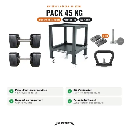 Pack Manubri Regolabili 100% Acciaio – HR-36P da 4 a 45 kg + Supporto + Kettlebell