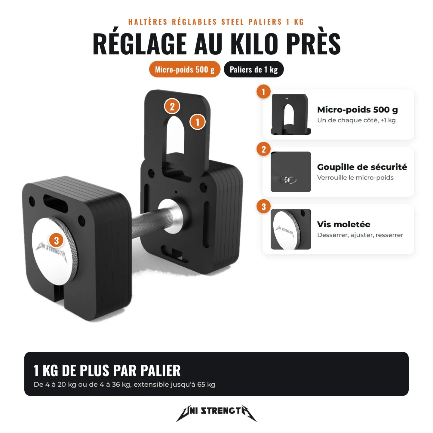 Set Verstellbare Kurzhanteln 100 % Stahl – HR-36P 4 bis 45 kg + Ständer + Kettlebell - Ansicht 4