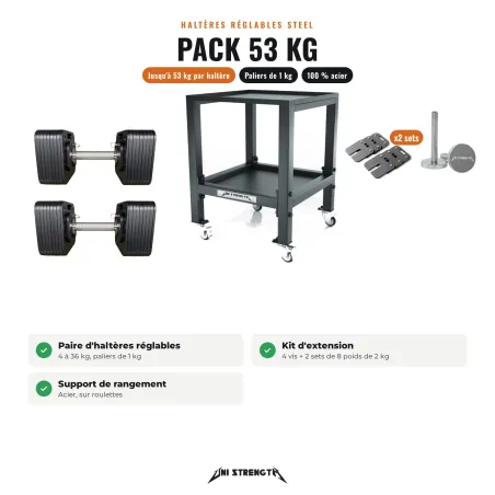 Pack Mancuernas Regulables 100 % Acero – HR-36P 4 a 53 kg + Soporte