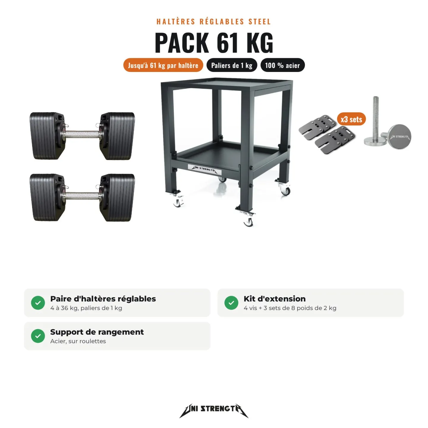Pack Manubri Regolabili 100% Acciaio – HR-36P da 4 a 61 kg + Supporto
