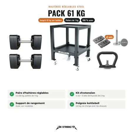 Pack Haltères Réglables 100 % Acier – HR-36P 4 à 61 kg + Support + Kettlebell