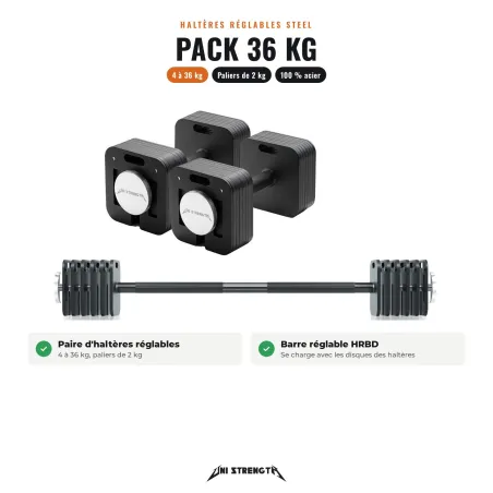 Pack Haltères Réglables 100 % Acier – 4 à 36 kg + Barre Réglable HRBD
