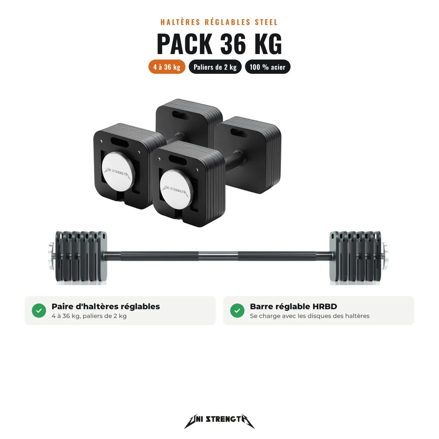 Pack Haltères Réglables 100 % Acier – 4 à 36 kg + Barre Réglable HRBD