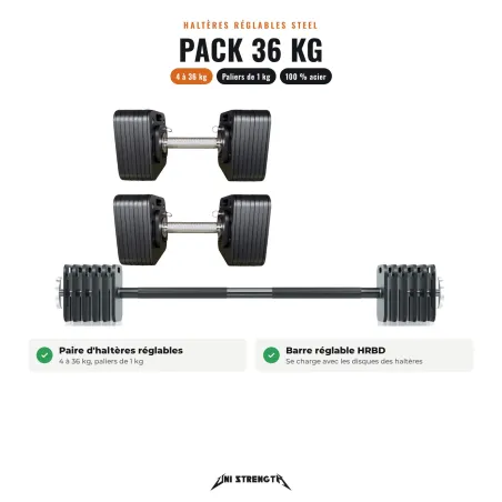 Pack Mancuernas Regulables 100 % Acero – HR-36P 4 a 36 kg + Barra Regulable HRBD