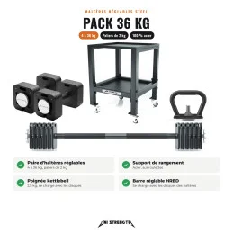 Pack manubri regolabili Steel 36 kg + supporto + maniglia kettlebell + bilanciere HRBD