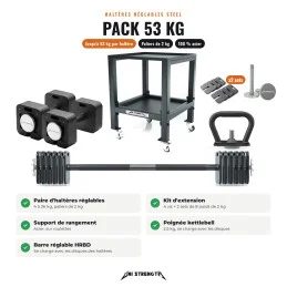 Pack haltères réglables Steel 53 kg + kit d'extension + support + poignée kettlebell + barre HRBD