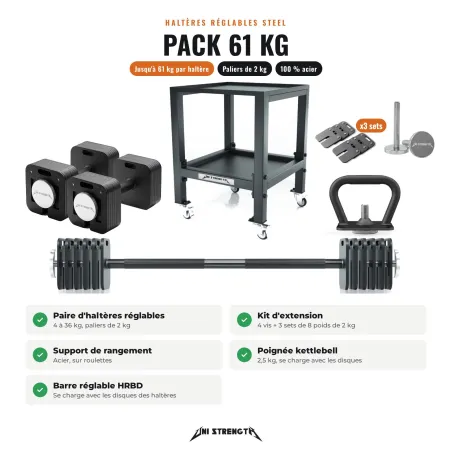 Pack Haltères Réglables 100 % Acier, 4 à 61 kg + Support + Kettlebell + Barre HRBD