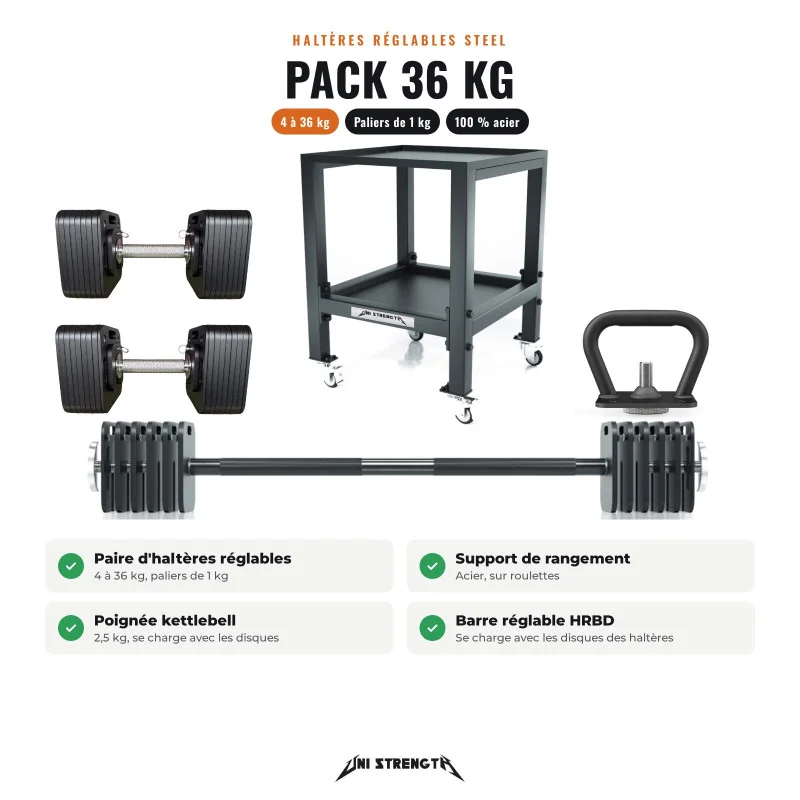 Pack mancuernas ajustables Steel 36 kg + soporte + asa kettlebell + barra HRBD