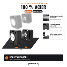 Pack mancuernas ajustables Steel 36 kg + soporte + asa kettlebell + barra HRBD