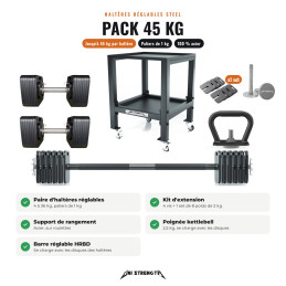 Pack mancuernas ajustables Steel 45 kg + kit de extensión + soporte + asa kettlebell + barra HRBD