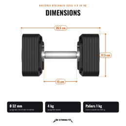 Pack haltères réglables Steel 45 kg + kit d'extension + support + poignée kettlebell + barre HRBD