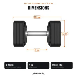 Pack mancuernas ajustables Steel 53 kg + kit de extensión + soporte + asa kettlebell + barra HRBD
