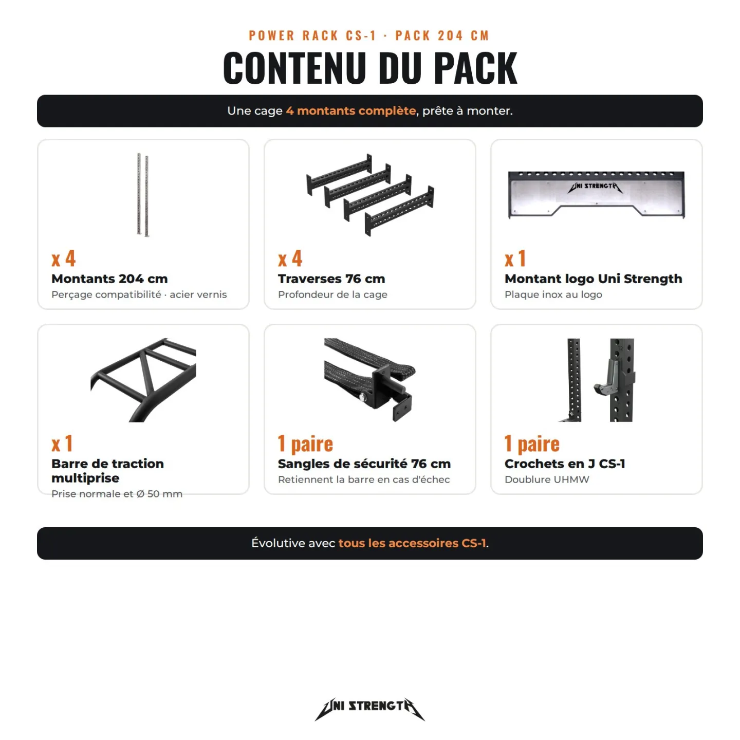 Power Rack CS-1 204 cm acero barnizado, 4 postes, barra multiagarre | Pack completo - vista 2
