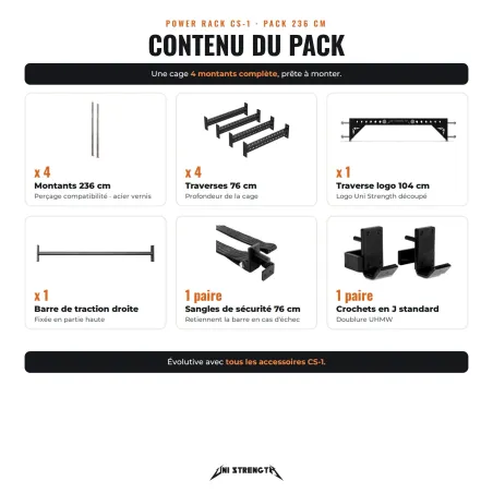 Power Rack CS-1 236 cm acier vernis, 4 montants, barre droite | Pack complet - vue 2