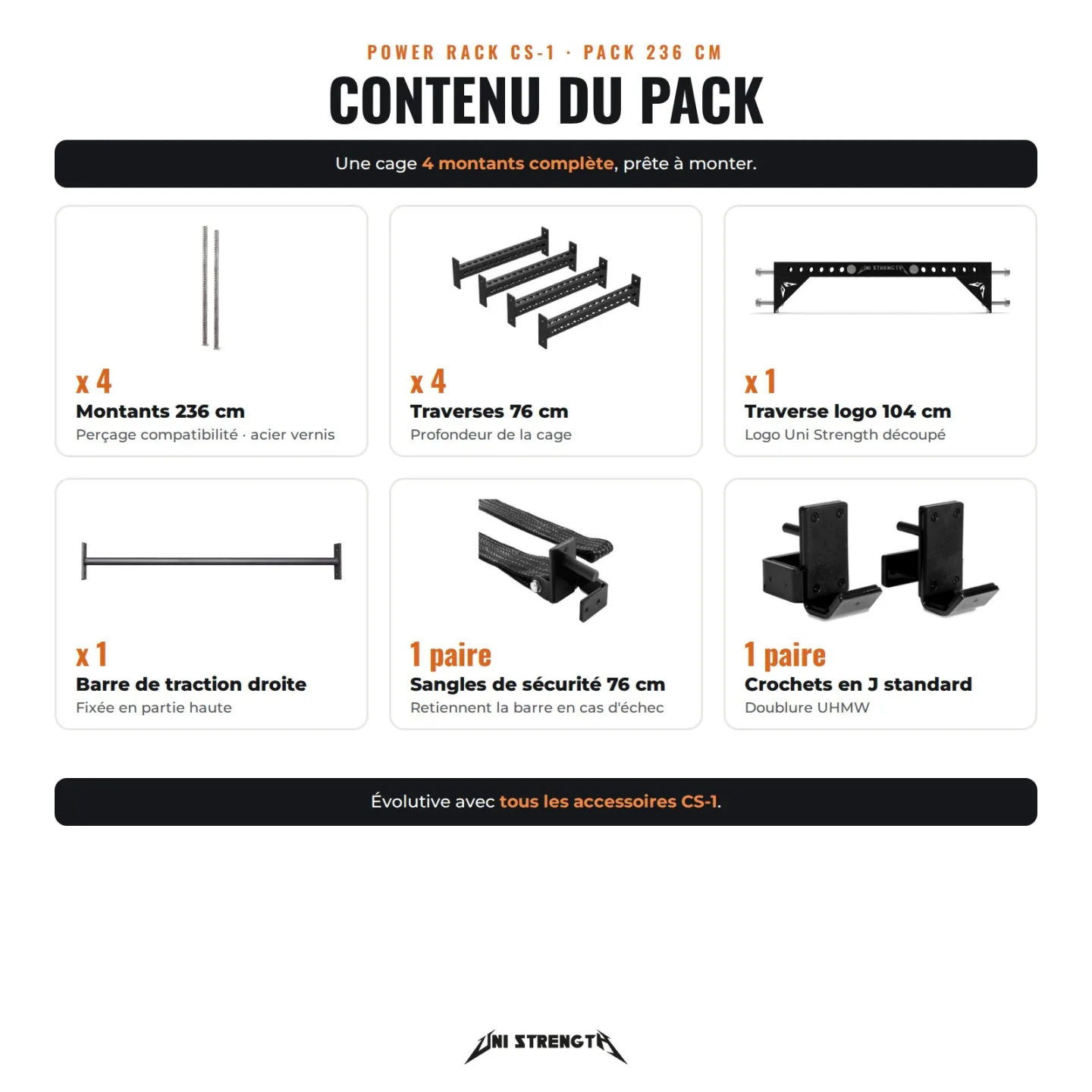 CS-1 Power Rack 236 cm varnished steel, 4 uprights, straight pull-up bar | Complete bundle - view 2