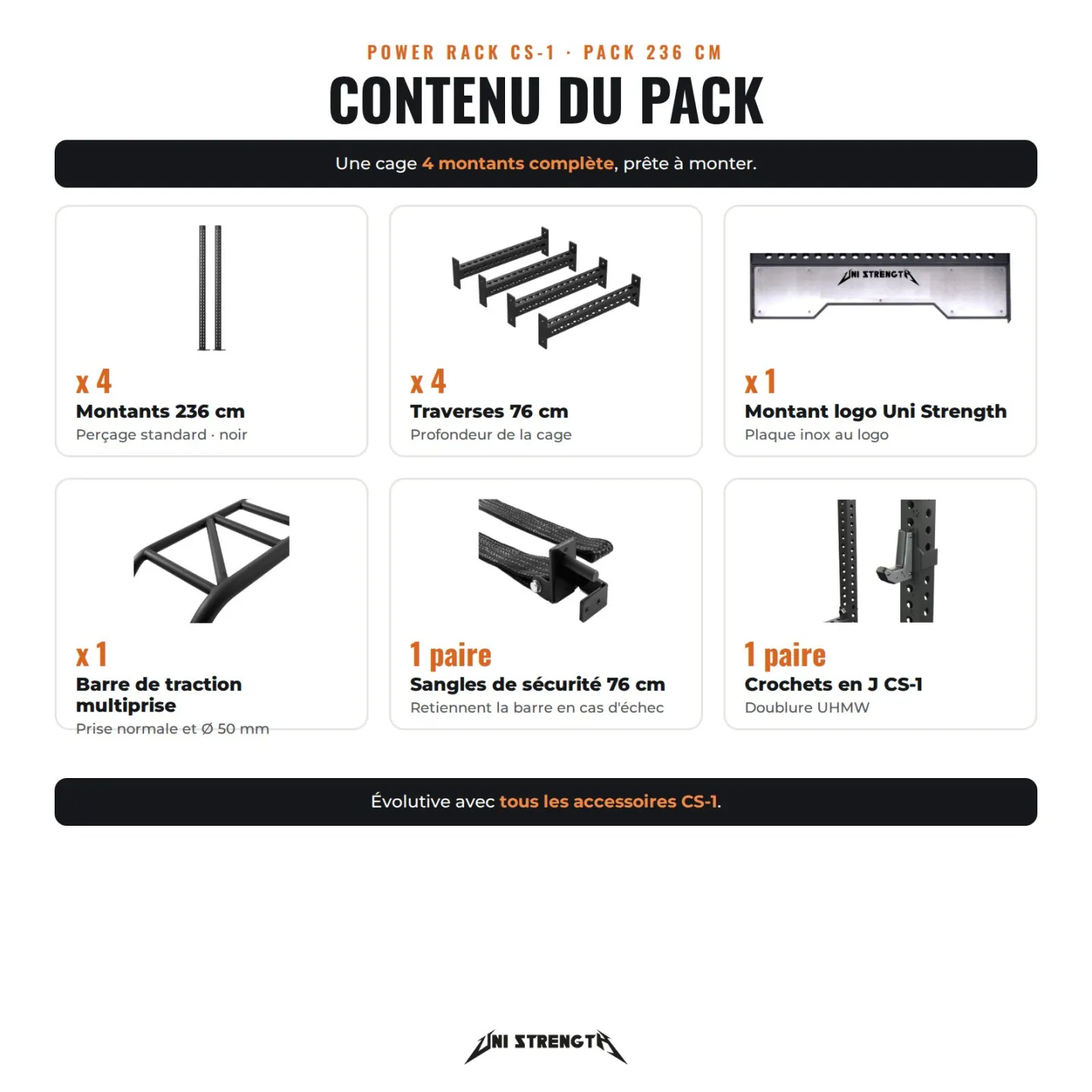 CS-1 Power Rack 236 cm black, 4 uprights, multi-grip pull-up bar | Complete bundle - view 2