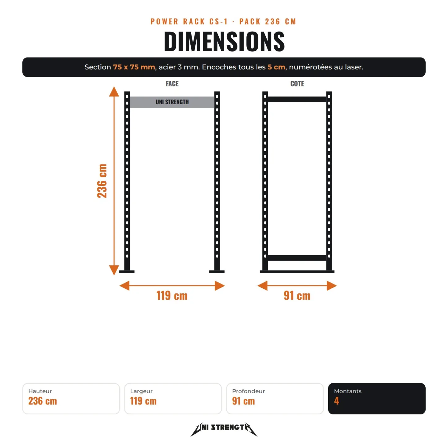 Power Rack CS-1 236 cm negro, 4 postes, barra multiagarre | Pack completo - vista 3